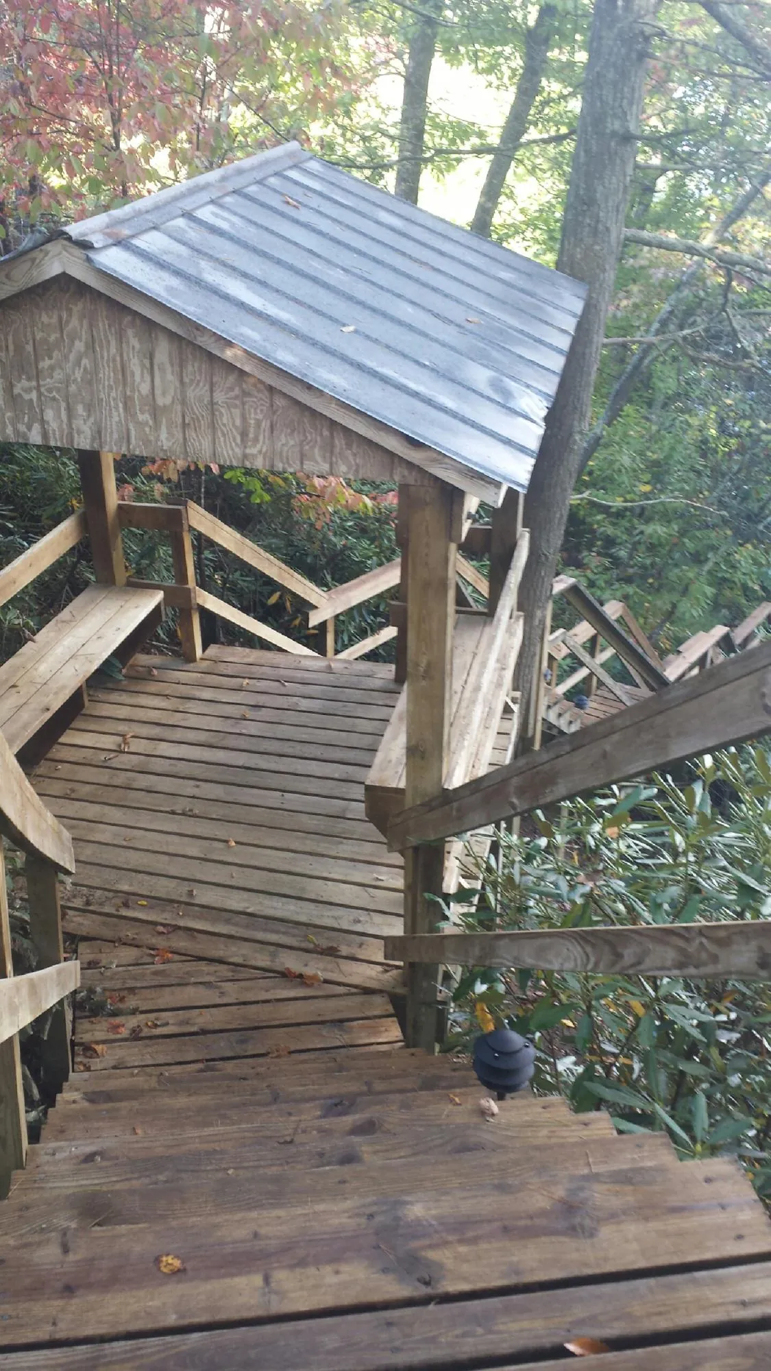 Metal roofed shelter over wooden steps on a wooded walkway — Skylight Repair & Installation work by our crew in Wyncote